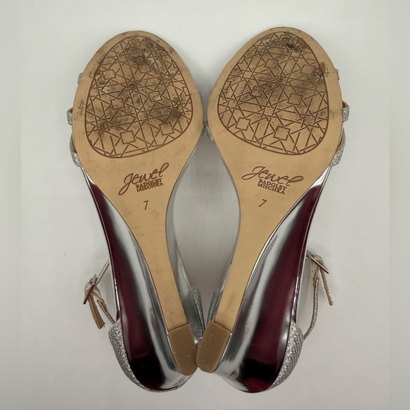 Jewel Badgley Mischka Silver Leather Sparkle Ankle Open Toe Strappy Sandal SZ 7 - Picture 11 of 16